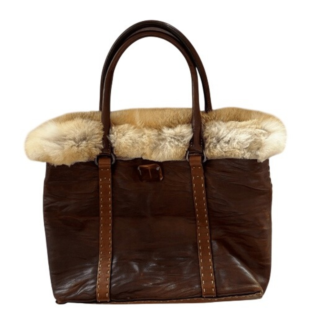 Falor Brown Leather Purse Italian‎ shoulder bag Distressed Real Fur y2k vintage